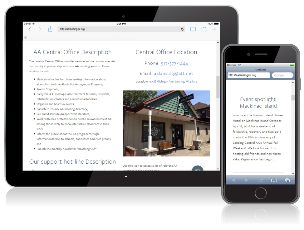 Lansing Central AA website on mobile devices